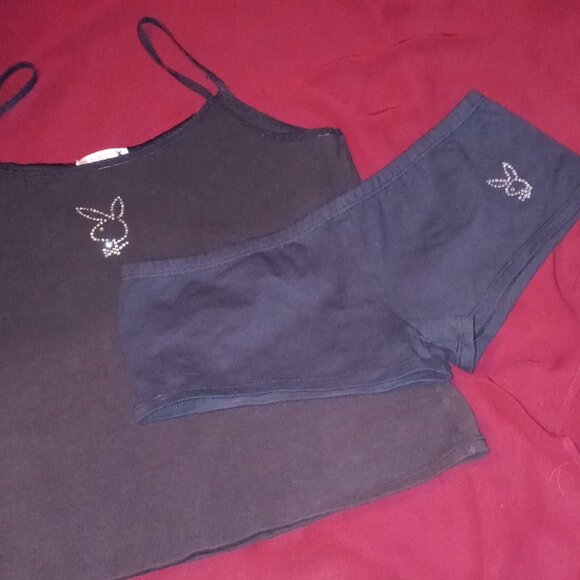 Sexy Vintage PLAYBOY Intimates Black CAMI & BOYSHORT w/RHINESTONE BUNNYHEAD logo - Picture 2 of 10